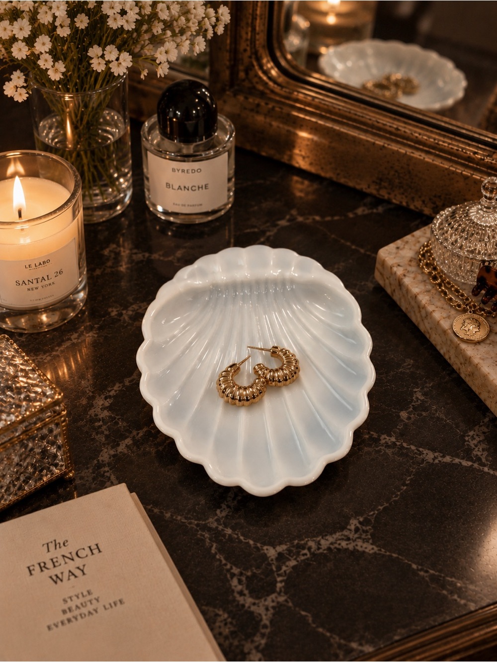 Vintage Milk Glass Shell Trinket Dish Whimsical Scallop Vanity Jewelry Catchall